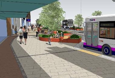 Artist’s impression of a bus stop area with seating on St Stephens Street