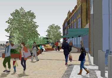 Artist’s impression of a pathway with seating on St Stephens Street 