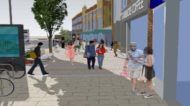 Artist’s impression of people walking on the St Stephens Street pathways in front of shops 