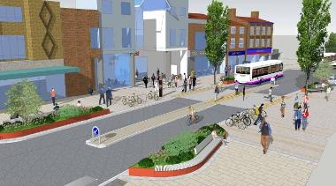 Artist's impression of people walking on pathways and buses and cyclists using the road on St Stephens Street