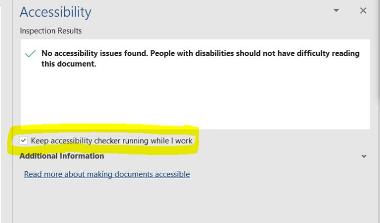Screenshot of the 'Keep accessibility checker running while I work' option in Word. We explain how to navigate to this in the text on this page.