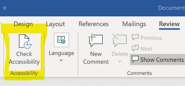 Screenshot of the Check Accessibility menu item in Word. We explain how to navigate to and use the checker in the text on this page.