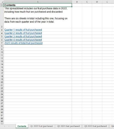Screenshot showing a 'Contents' sheet in a spreadsheet. It shows an example of the formatting recommended in the text on this page.