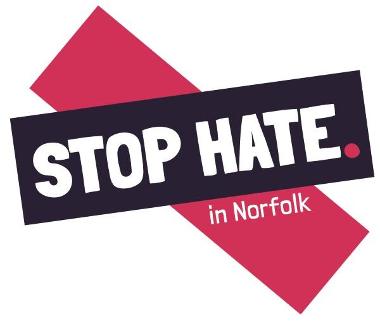 Illustration of a black and white cross with the text 'STOP HATE. in Norfolk'