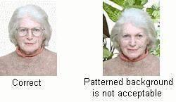 Two image background guidance photos. One 'Correct' and another, with leafy wallpaper, described as: 'Patterned background is not acceptable'