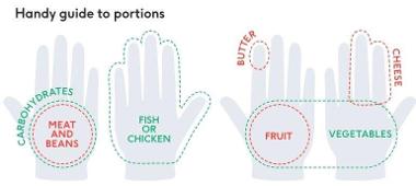 A guide to portion sizes using hands as a guide.
