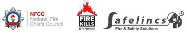 National Fire Chiefs Council logo, Fire Kills Let's prevent it logo, Safelincs Fire & Safty Solutions logo.