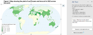 Screenshot of a Word document page that contains a world map showing how much cauliflower and broccoli has been grown in different countries