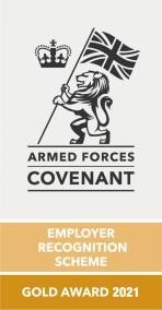Armed Forces Covenant logo, indicating Employer recognition scheme gold award 2021