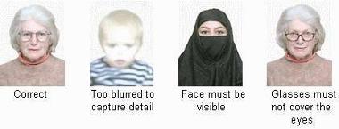 Series of photos illustrating 'Correct' and not correct: 'Too blurred to capture detail', where scarf covers face it's noted 'Face must be visible', 'glasses must not cover the eyes'