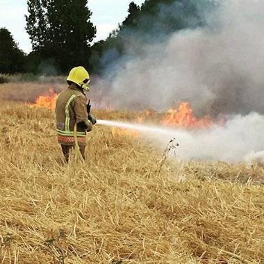 Fire fighter using a hose to put out a crop fire