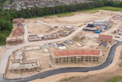 An aerial view of a housing construction site