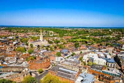 An aerial view of Norwich, with the cathedral as a focal point