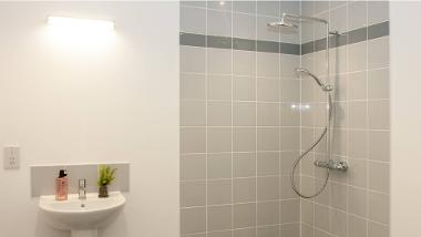 Walk-in shower with two shower heads in a Swallowtail Place apartment bathroom 