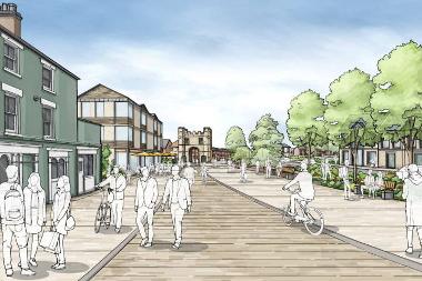 Illustration of the pedestrianised public area leading up to the South Gate. More information is available in the page text under heading STARS Southgates plan.