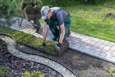 Gardener rolling out lawn turf 