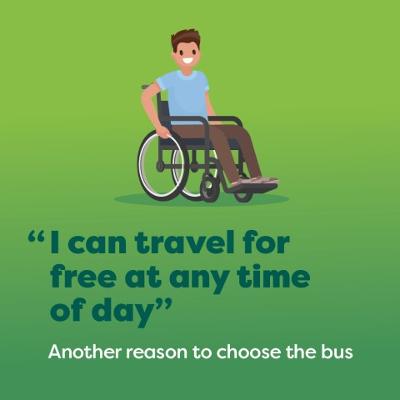 Drawing with the words 'I can travel for free at any time of day another reason to choose the bus'