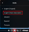 Screenshot of a Vimeo video showing that multiple audio tracks, including audio description, are available in the audio section of the video settings