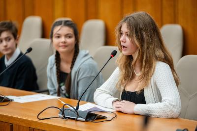 Photograph of young people speaking in a formal environment