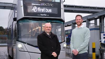 Cllr Graham Plant, Cabinet Member for Highways Infrastructure and Transport at Norfolk County Council (left) and James McCluskey, Commercial Director for First Bus in the East (right)