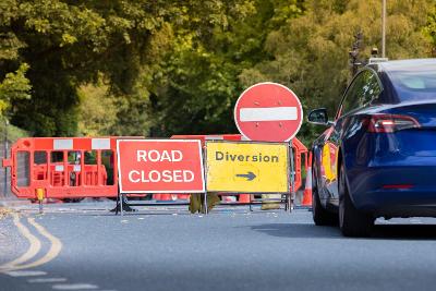  Road closed sign and roadworks