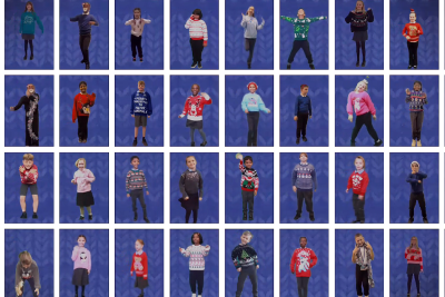 A grid of images of children in Christmas jumpers