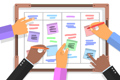 An illustration of hands writing on a notice board