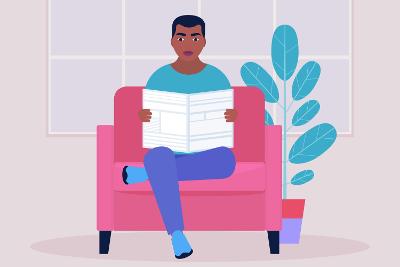 An illustration of a man sitting on a sofa reading a newspaper